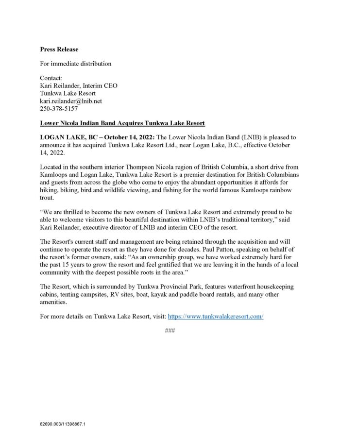 Press Release - Lower Nicola Indian Band Acquires Tunkwa Lake Resorts Ltd. - 14 October 2022